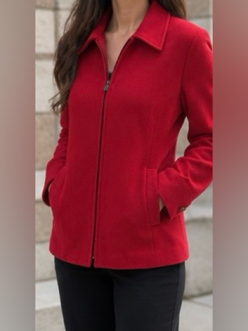 Red Wool Cashmere Zip Jacket Size 14 – Tailored Collared Co